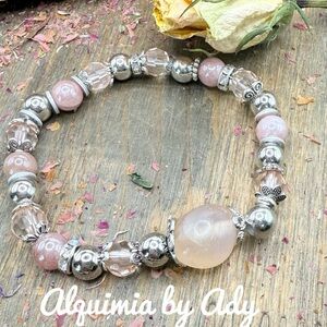 Strawberry quartz and moonstone silver bracelet